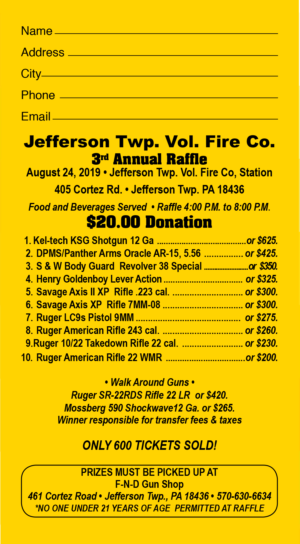 Gun Raffle Ticket 2019 Jefferson Township Volunteer Fire Company